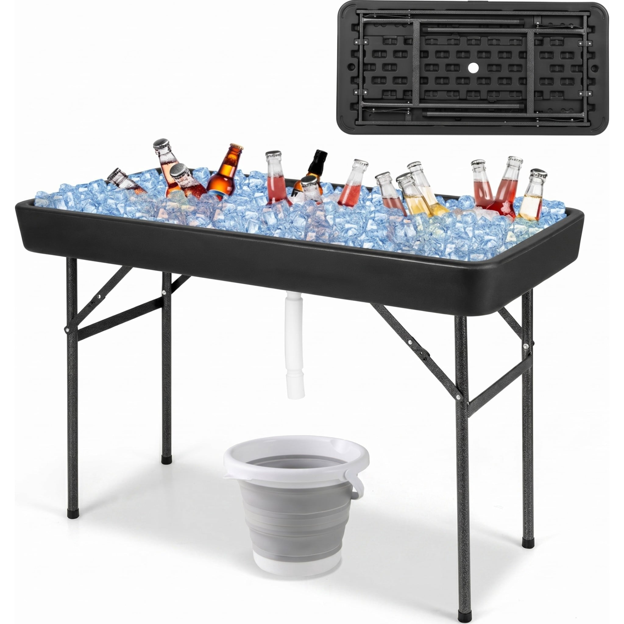 Biotree 4 Feet Folding Ice Cooler Table with Matching Skirt Portable Party Table with Built-In Ice Bin for Events, Black
