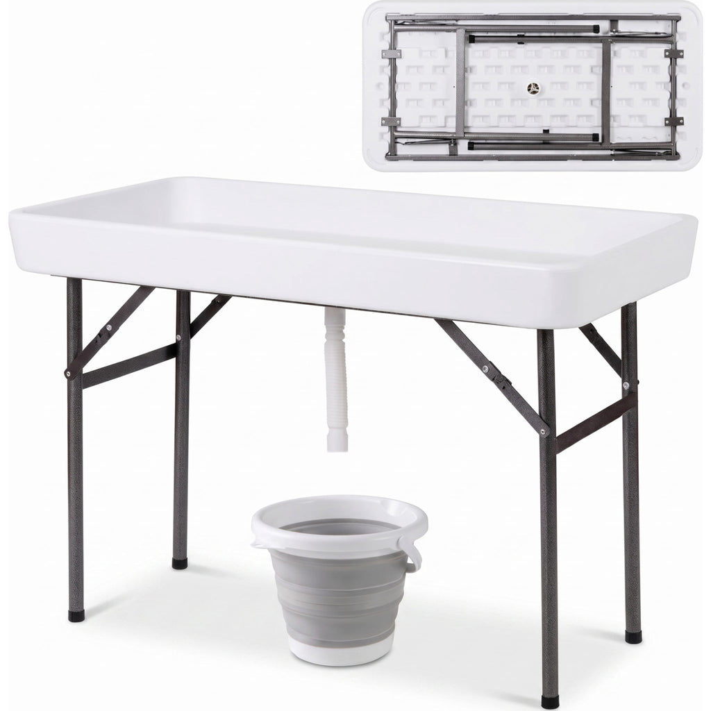 Biotree 4 Feet Folding Ice Cooler Table with Matching Skirt Portable Party Table with Built-In Ice Bin for Events, White
