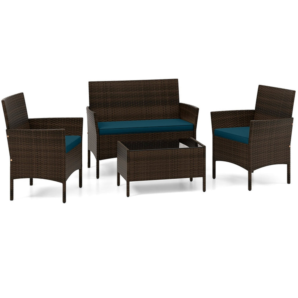 Biotree 4 Piece Patio Rattan Conversation Set with Cozy Seat Cushions Outdoor Conversation Set for Garden Backyard PorchPeacock Blue