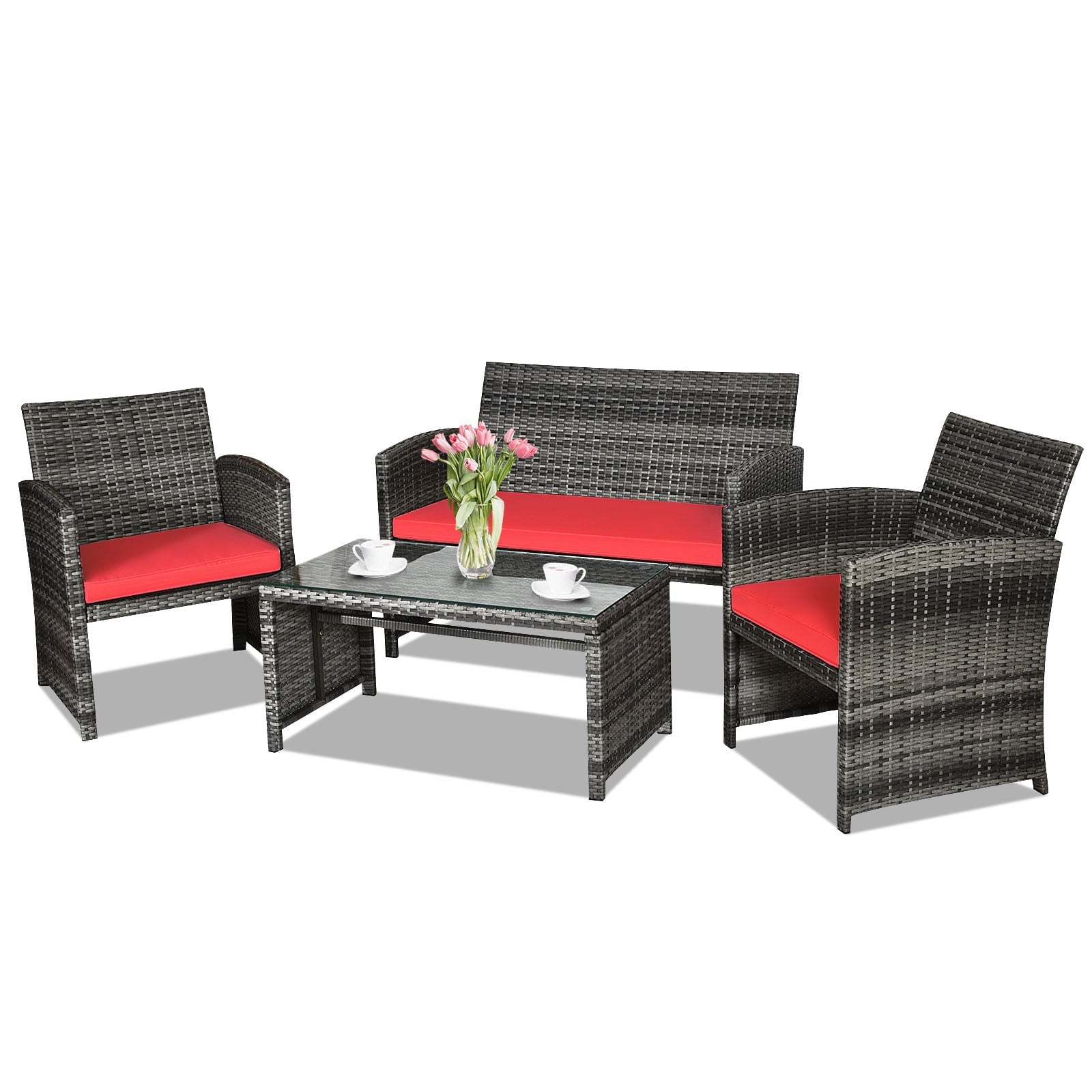 Biotree 4-Piece Patio Rattan Furniture Set with Cushions-Red