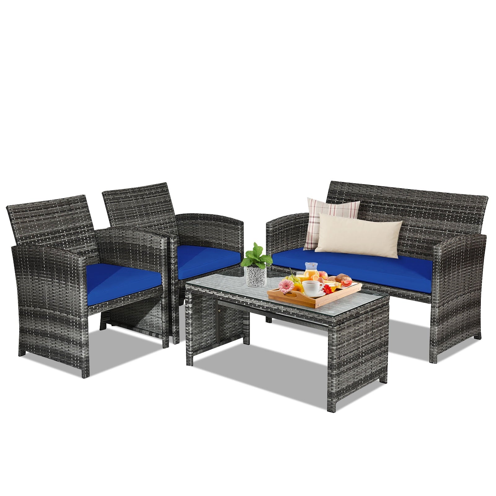 Biotree 4-Piece Patio Rattan Furniture Set with Glass Table-Navy