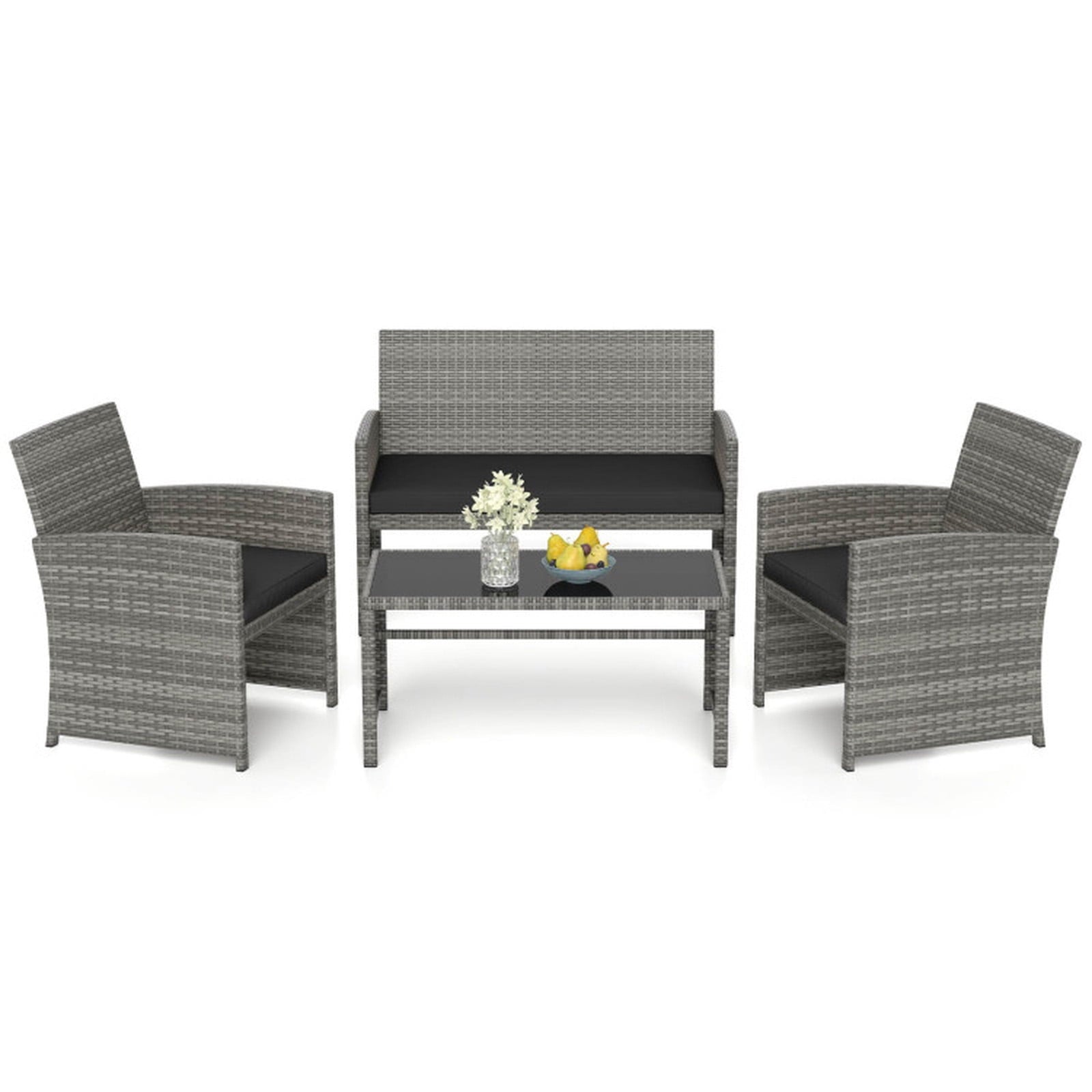 Biotree 4-Piece Patio Rattan Loveseat and Table Set-Black