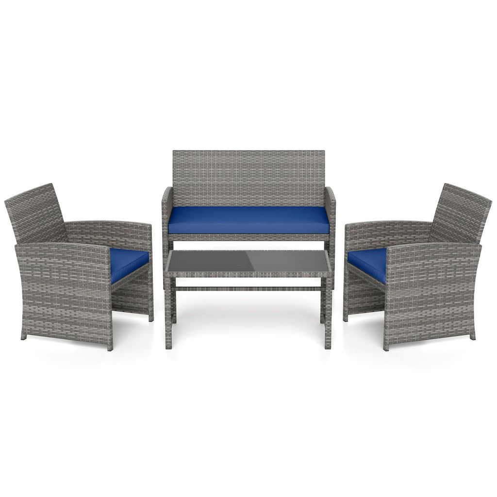 Biotree 4-Piece Patio Rattan Loveseat and Table Set-Navy