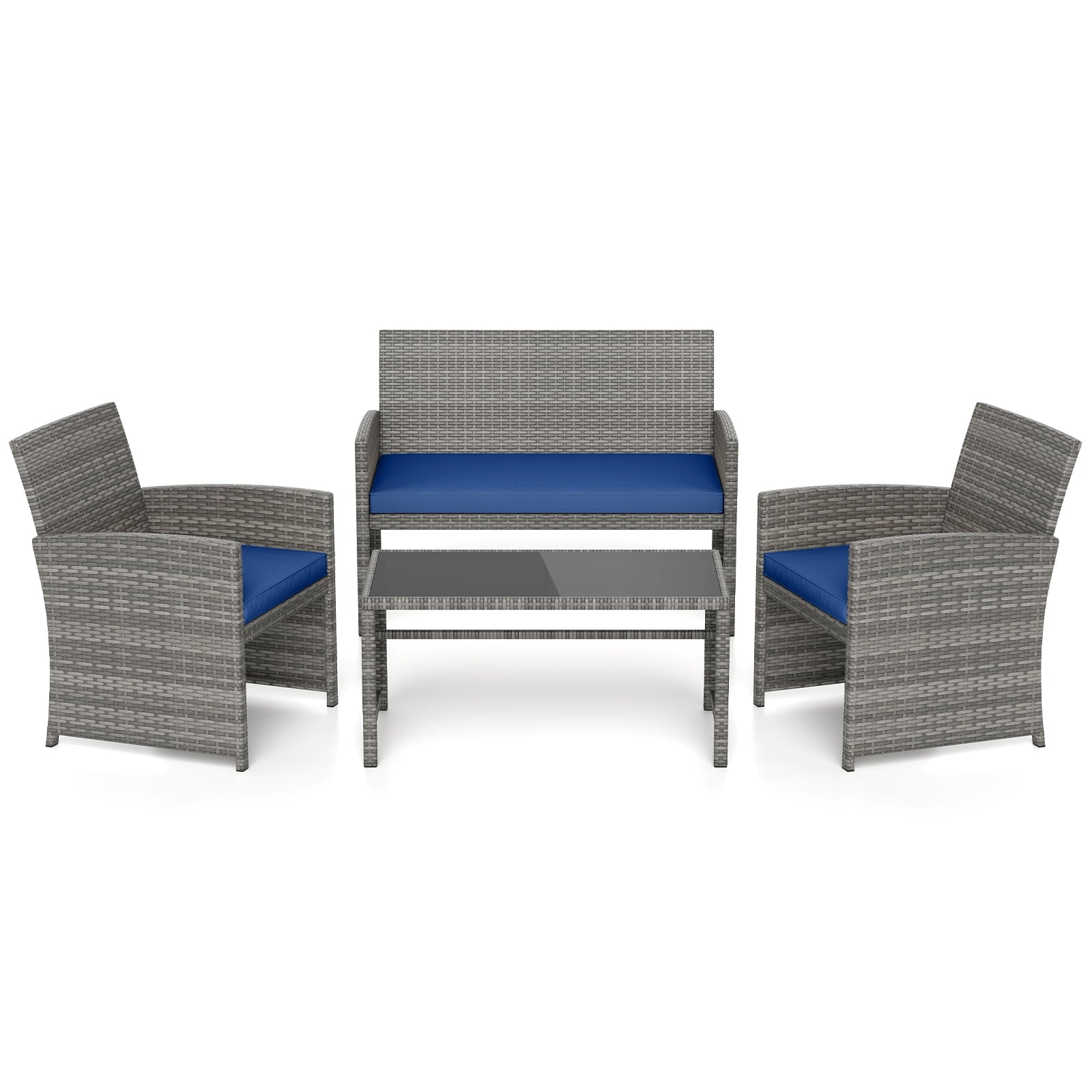 Biotree 4-Piece Patio Rattan Loveseat and Table Set-Navy