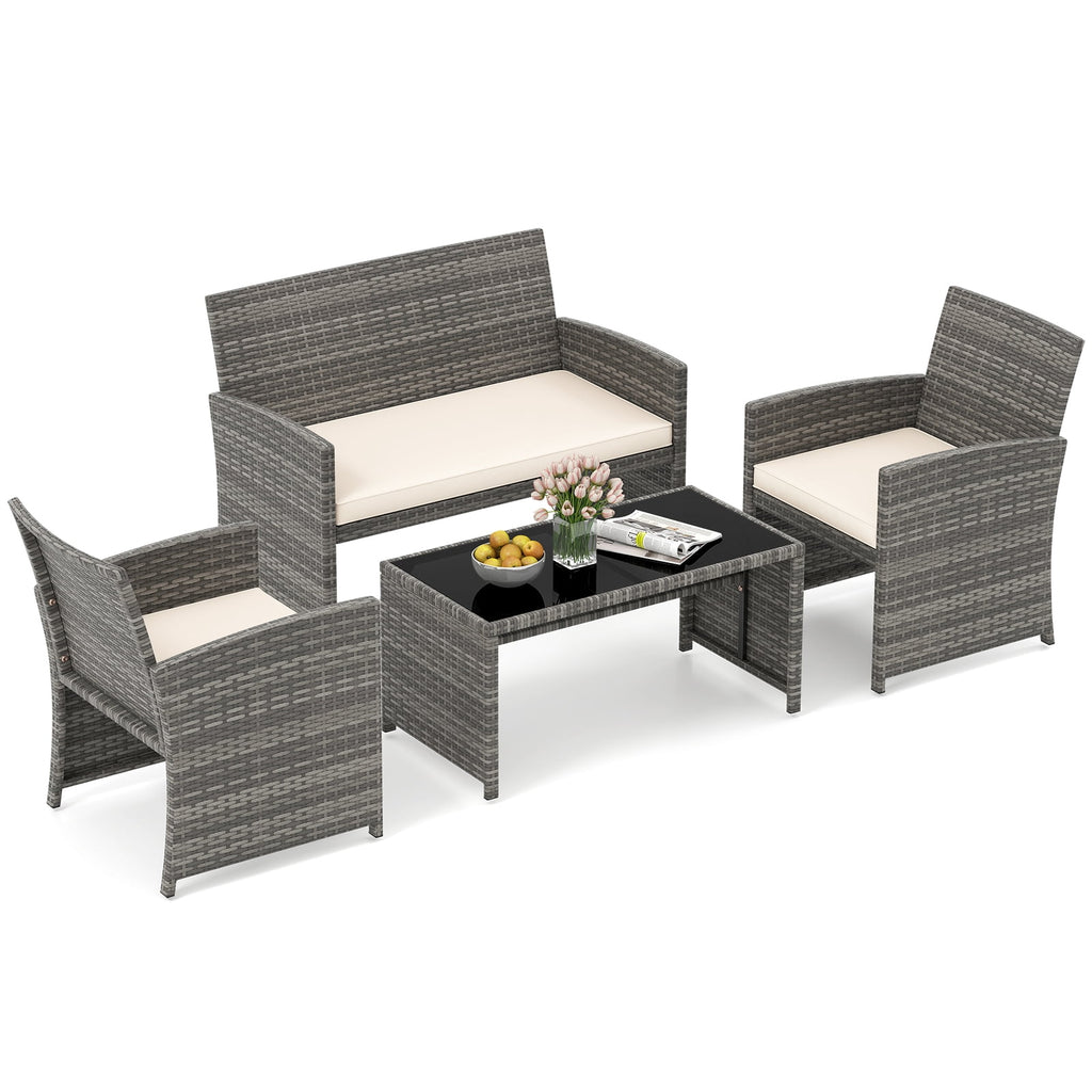 Biotree 4-Piece Patio Rattan Loveseat and Table Set-Off White