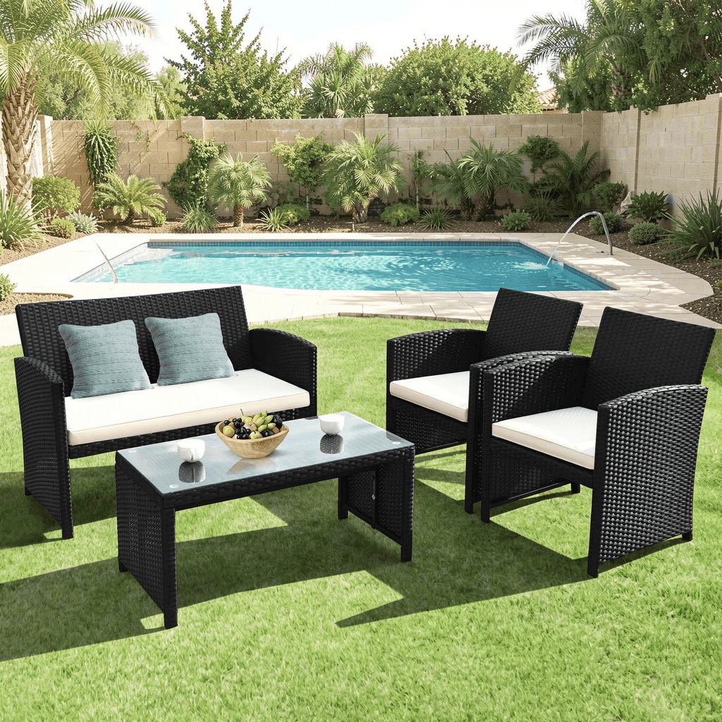 Biotree 4-Piece Patio Rattan Set with Cushions and Glass Table-White