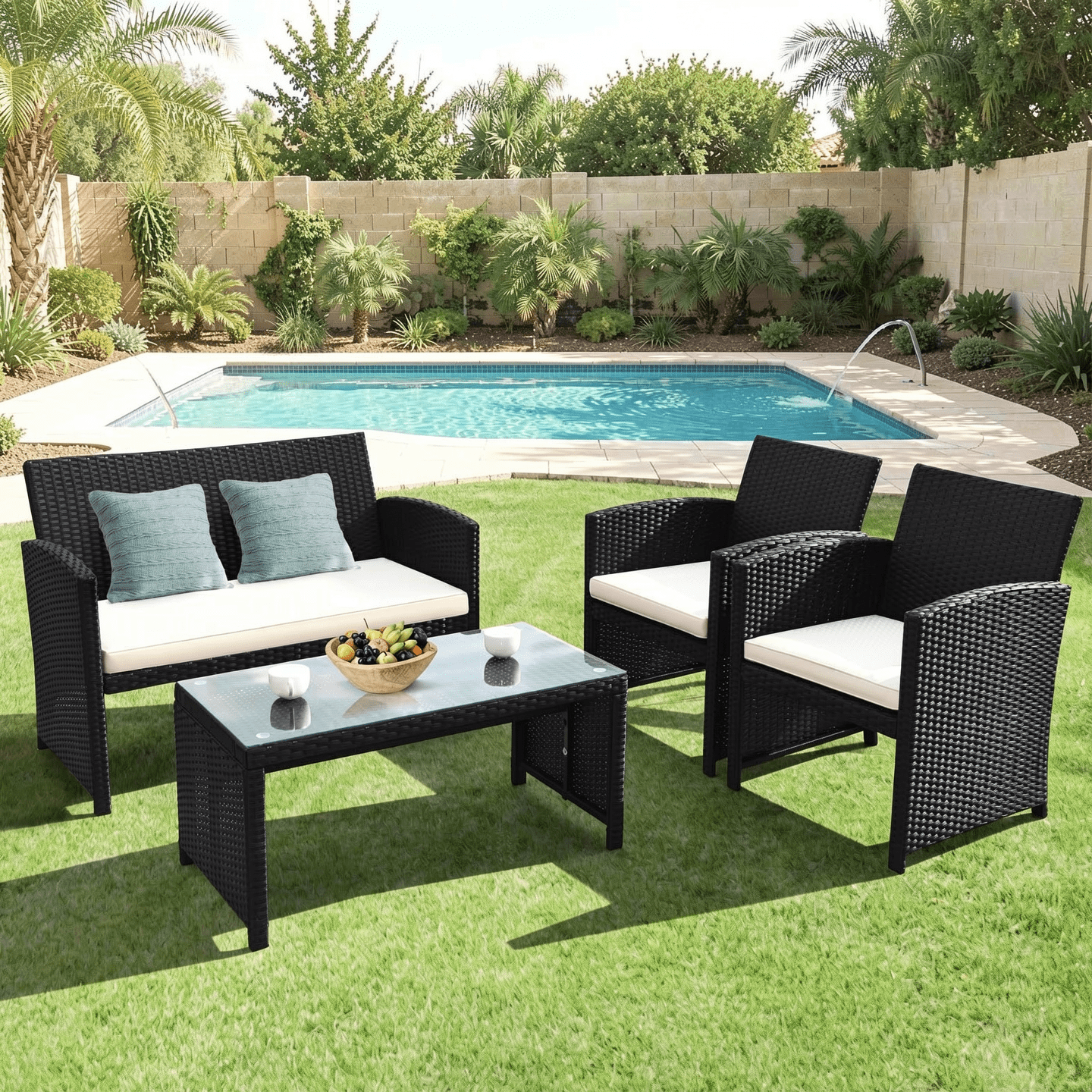 Biotree 4-Piece Patio Rattan Set with Cushions and Glass Table-White