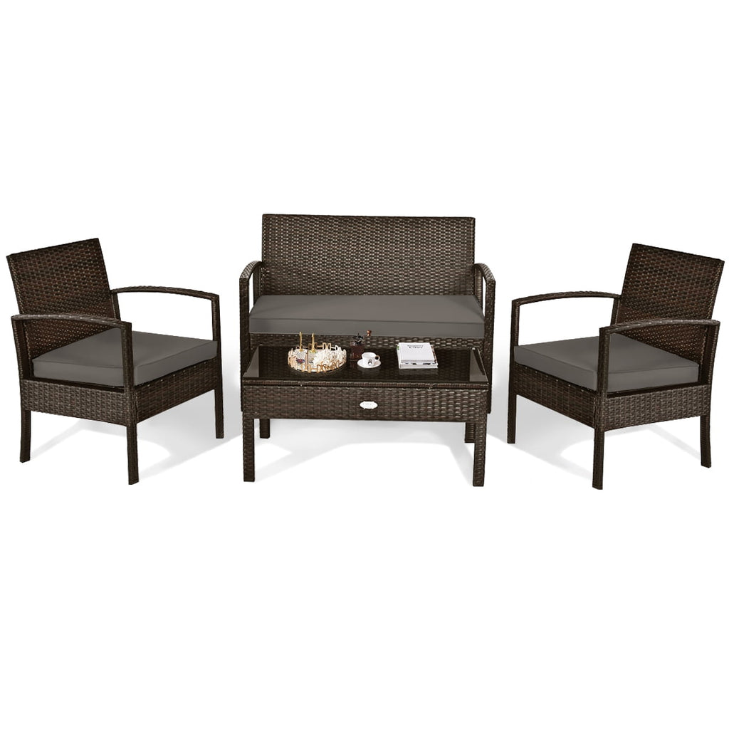 Biotree 4-Piece Patio Rattan Set with Loveseat and Table-Brown