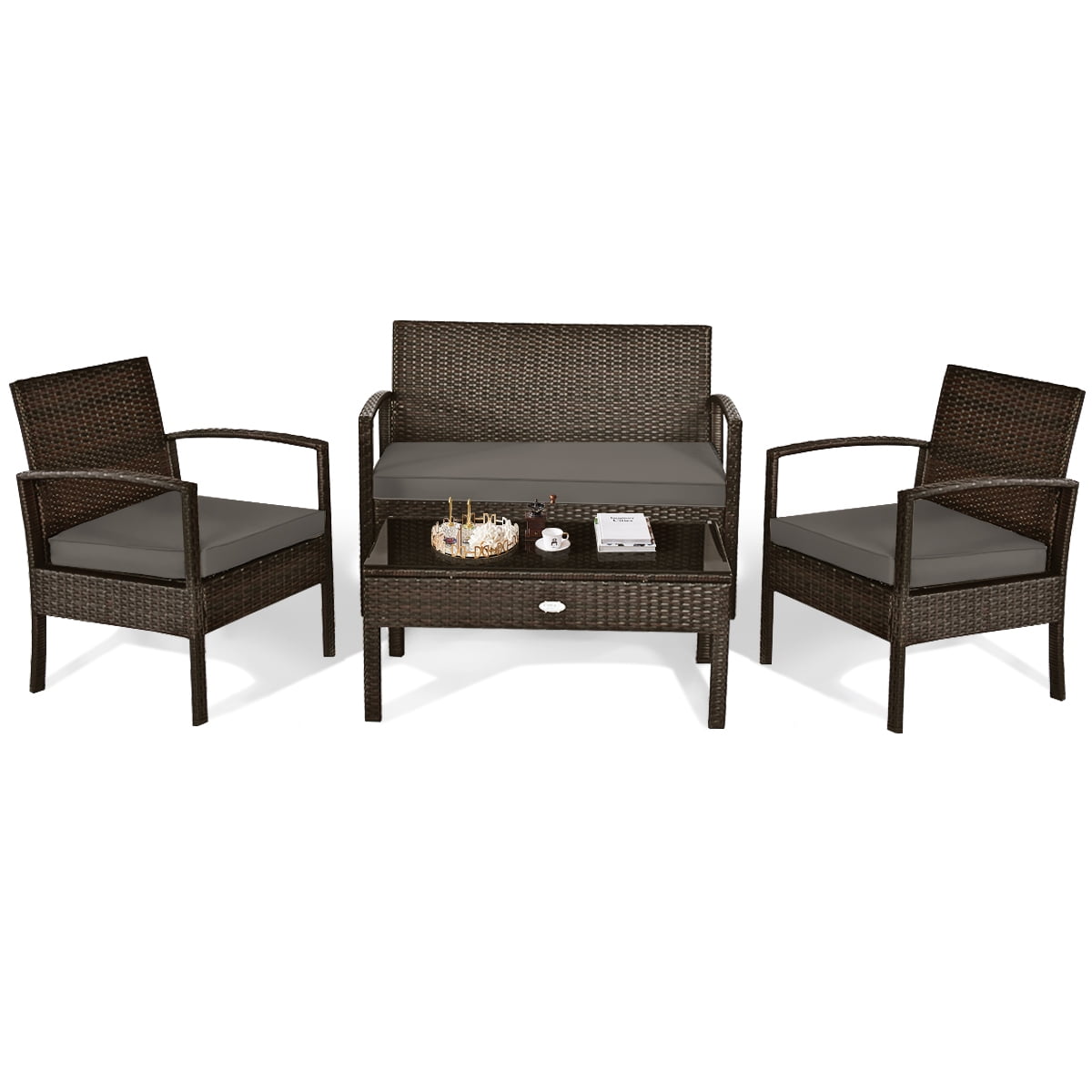 Biotree 4-Piece Patio Rattan Set with Loveseat and Table-Brown