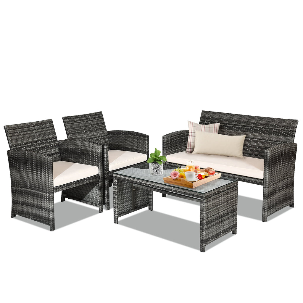 Biotree 4-Piece Patio Rattan Sofa Set with Glass Table-White