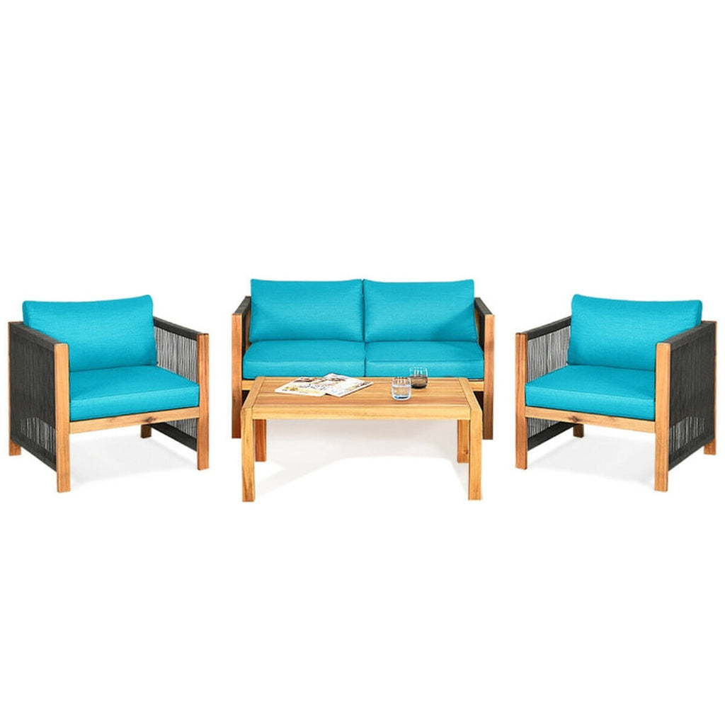 Biotree 4 Pieces Acacia Wood Outdoor Patio Furniture Set with Cushions Outdoor Conversation Set for Garden Backyard PorchTurquoise