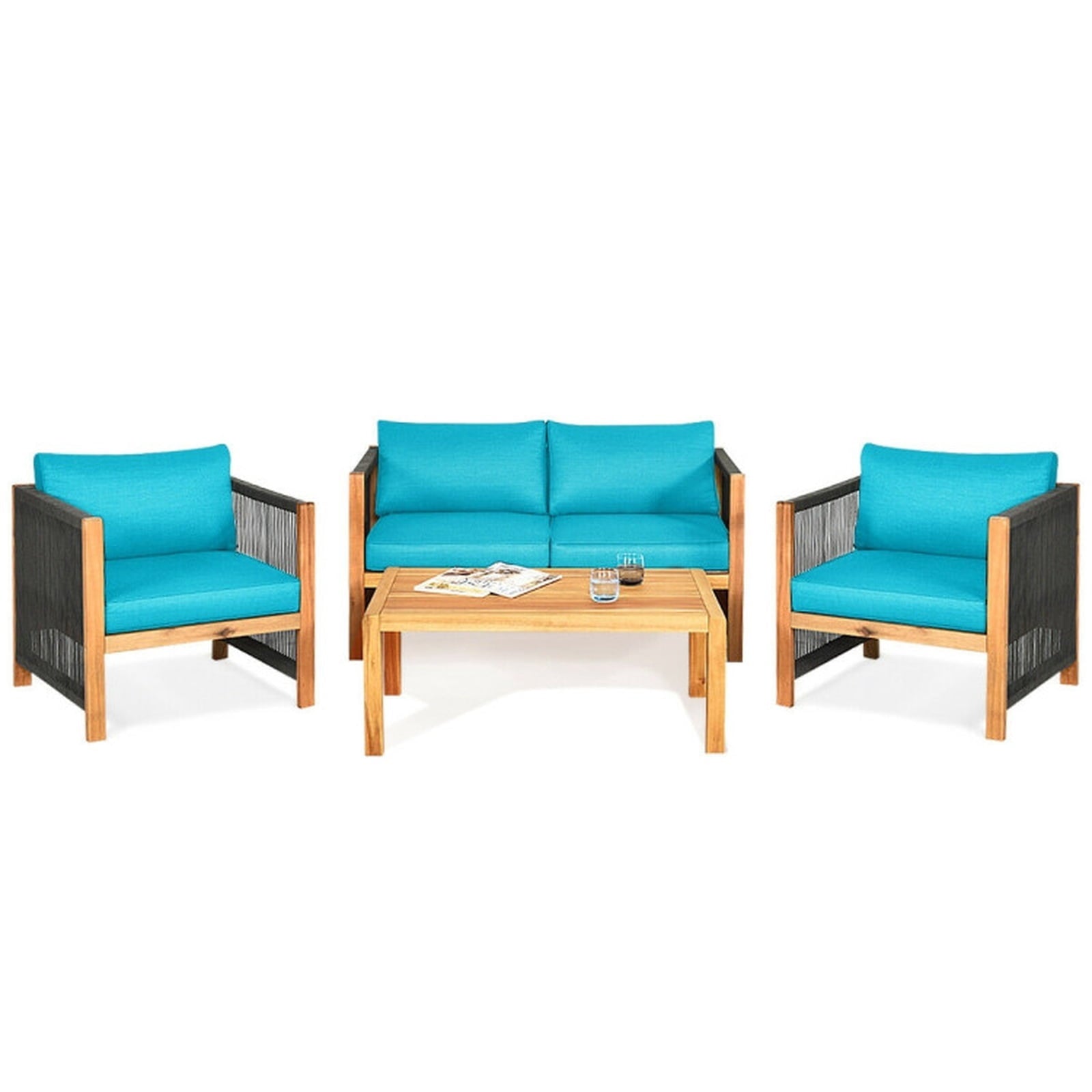 Biotree 4 Pieces Acacia Wood Outdoor Patio Furniture Set with Cushions Outdoor Conversation Set for Garden Backyard PorchTurquoise