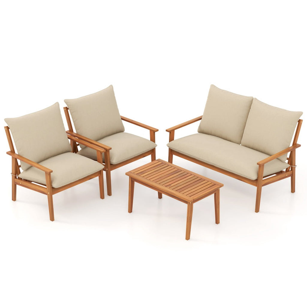 Biotree 4 Pieces Outdoor Acacia Wood Conversation Set with Soft Cushions and Coffee Table Outdoor Conversation Set for Garden Backyard PorchWhite