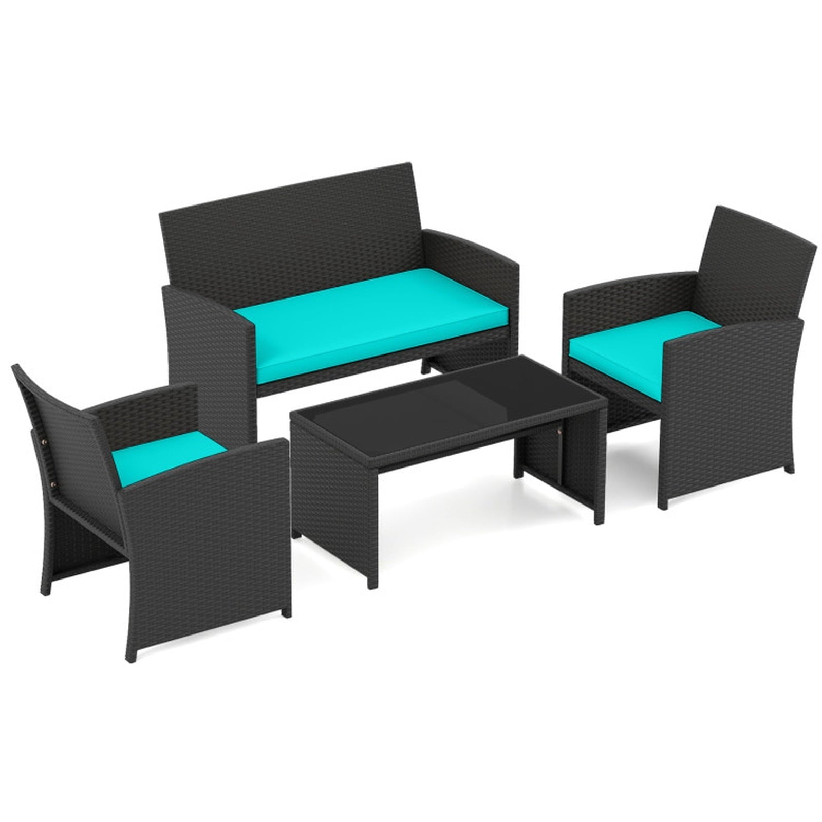 Biotree 4 Pieces Patio Furniture Set with Tempered Glass Tabletop and Removable Cushion Outdoor Conversation Set for Garden Backyard PorchTurquoise