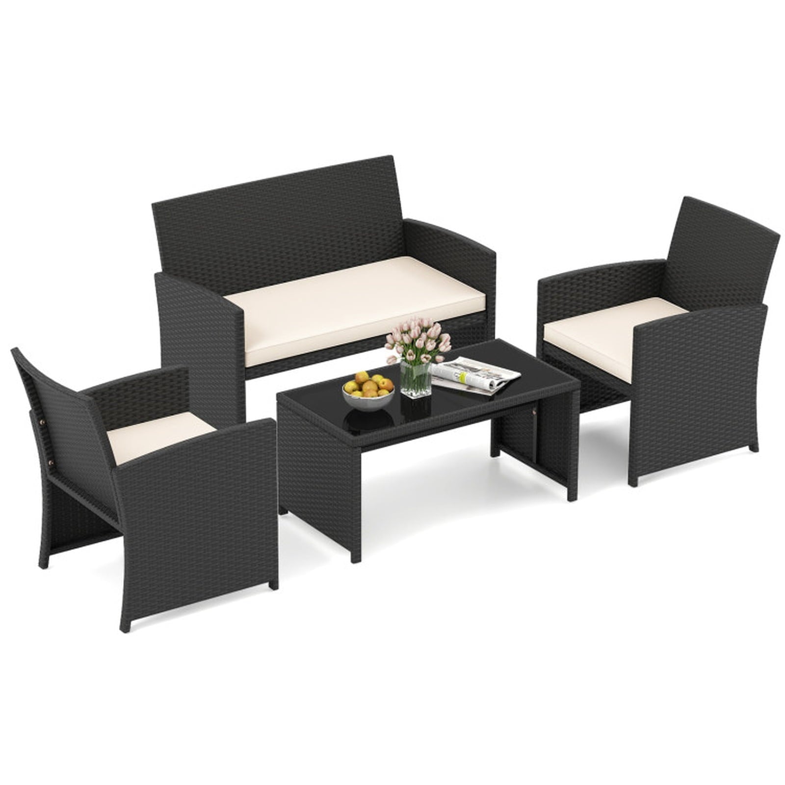 Biotree 4 Pieces Patio Furniture Set with Tempered Glass Tabletop and Removable Cushion Outdoor Conversation Set for Garden Backyard PorchWhite