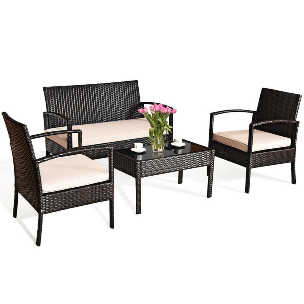 Biotree 4 Pieces Patio Rattan Conversation Set with Loveseat Sofas and Coffee Table Outdoor Conversation Set for Garden Backyard Porch