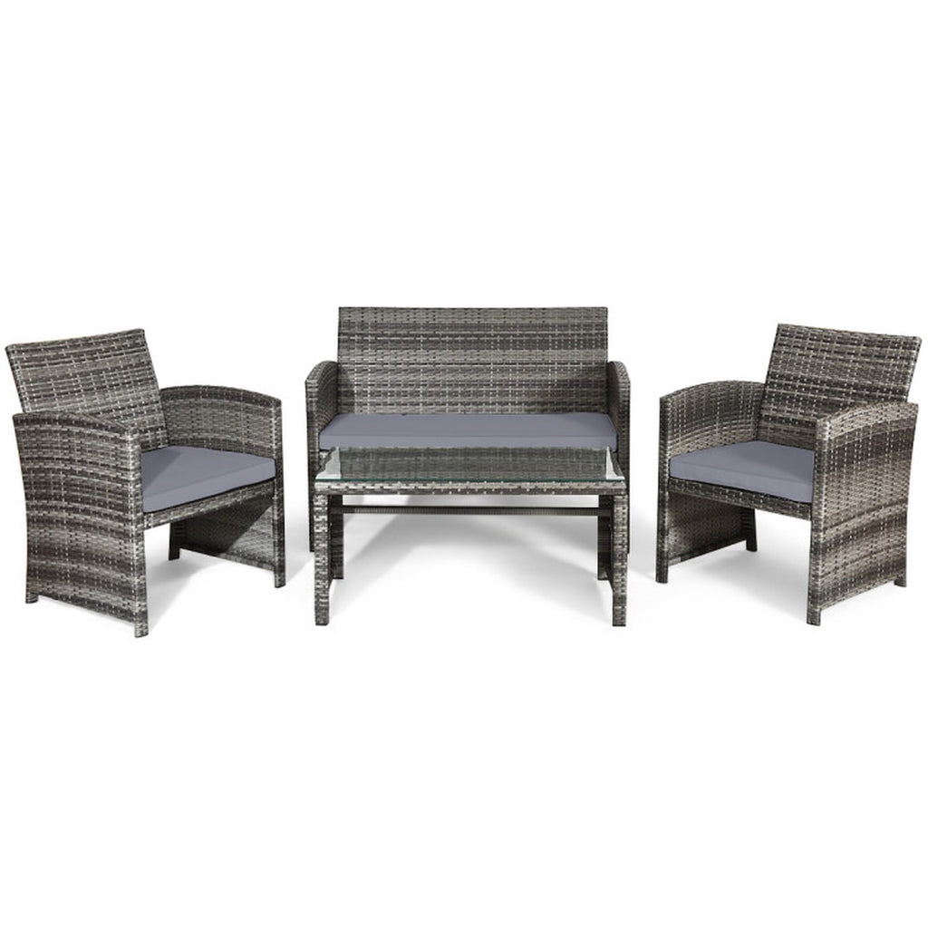 Biotree 4 Pieces Patio Rattan Furniture Set with Glass Table and Loveseat Outdoor Conversation Set for Garden Backyard PorchGray