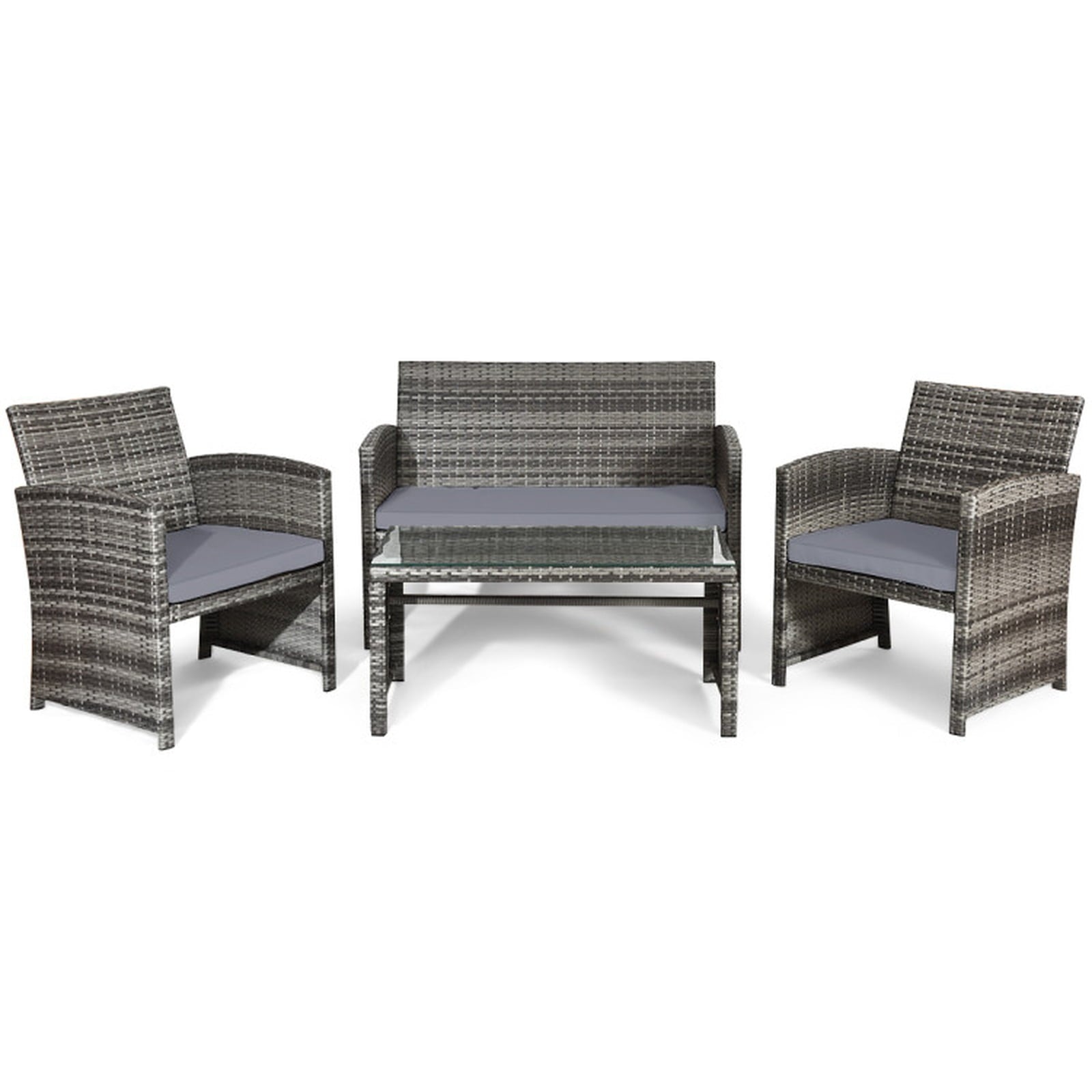 Biotree 4 Pieces Patio Rattan Furniture Set with Glass Table and Loveseat Outdoor Conversation Set for Garden Backyard PorchGray