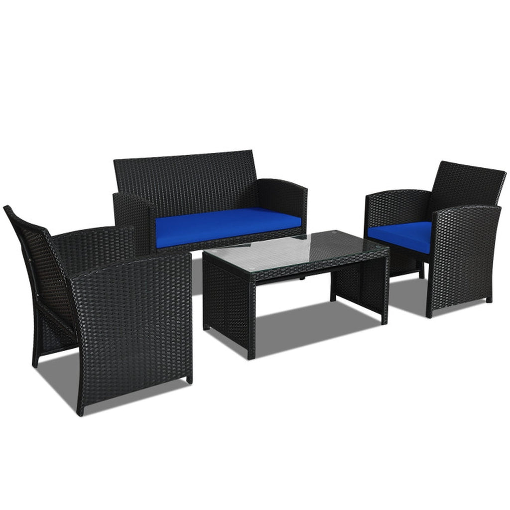 Biotree 4 Pieces Rattan Patio Furniture Set with Weather Resistant Cushions and Tempered Glass TabletopNavy