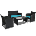 Biotree 4 Pieces Rattan Patio Furniture Set with Weather Resistant Cushions and Tempered Glass TabletopTurquoise