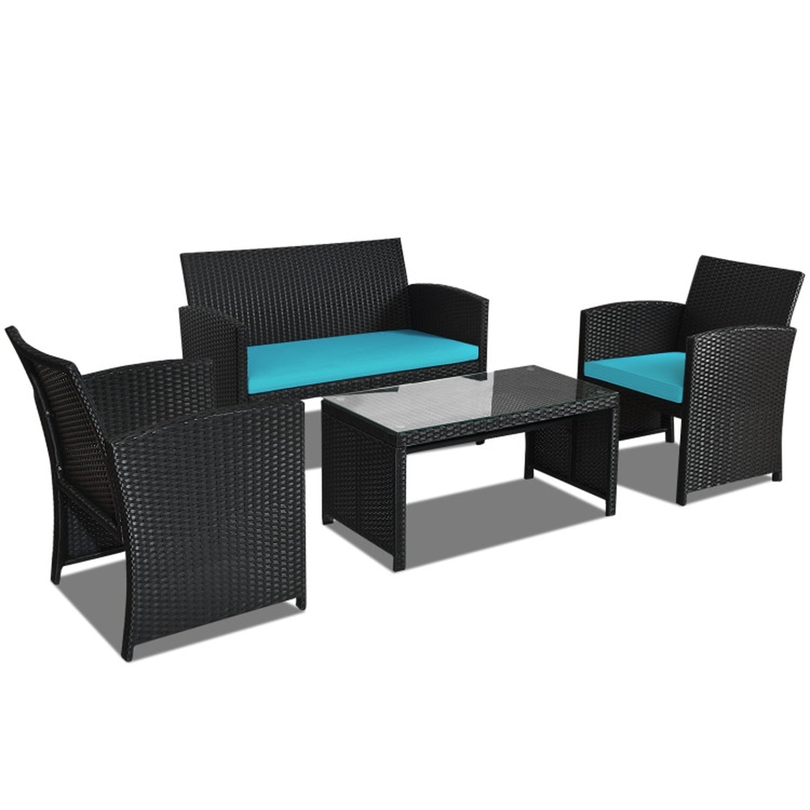 Biotree 4 Pieces Rattan Patio Furniture Set with Weather Resistant Cushions and Tempered Glass TabletopTurquoise