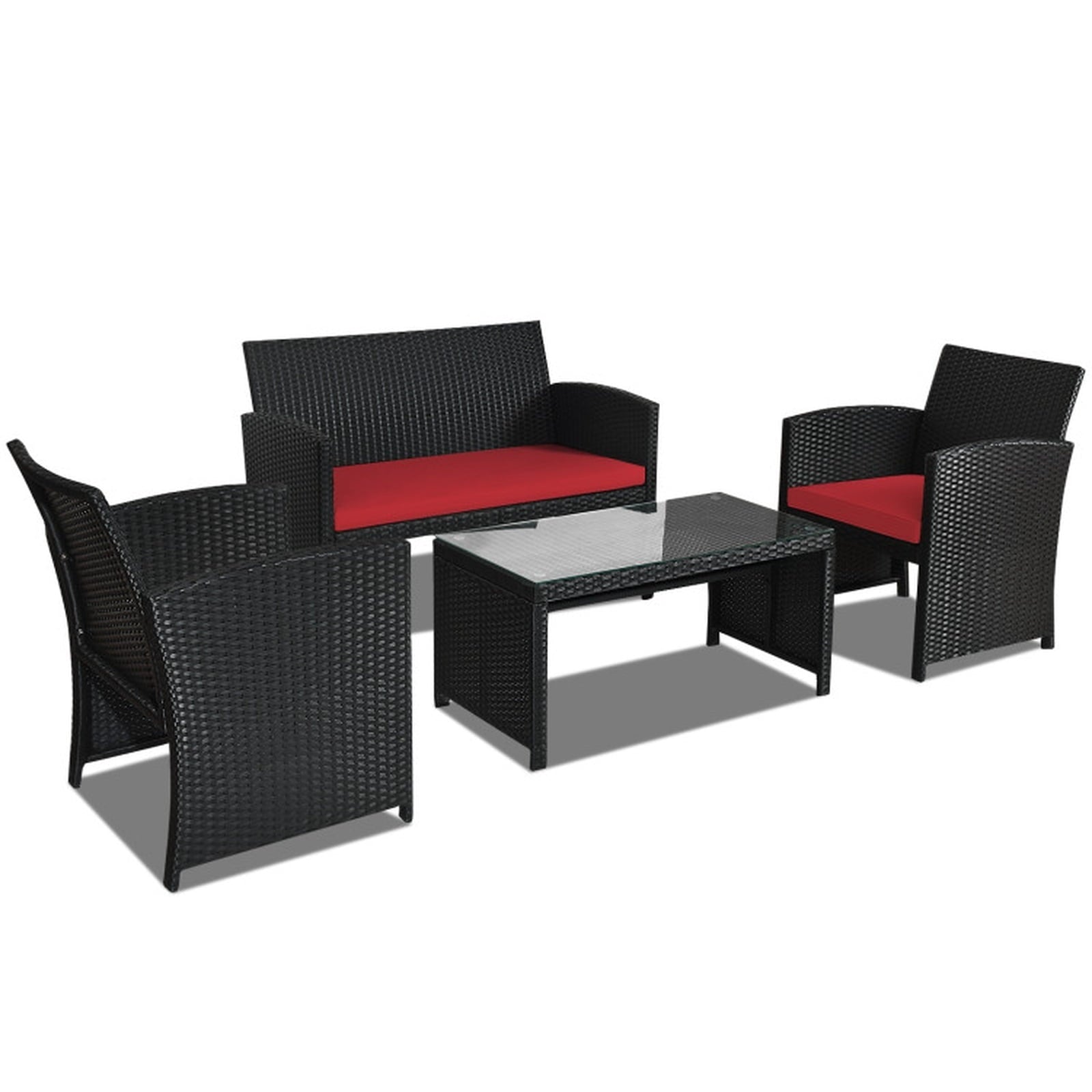 Biotree 4 Pieces Rattan Patio Furniture Set with Weather Resistant Cushions and Tempered Glass Tabletop