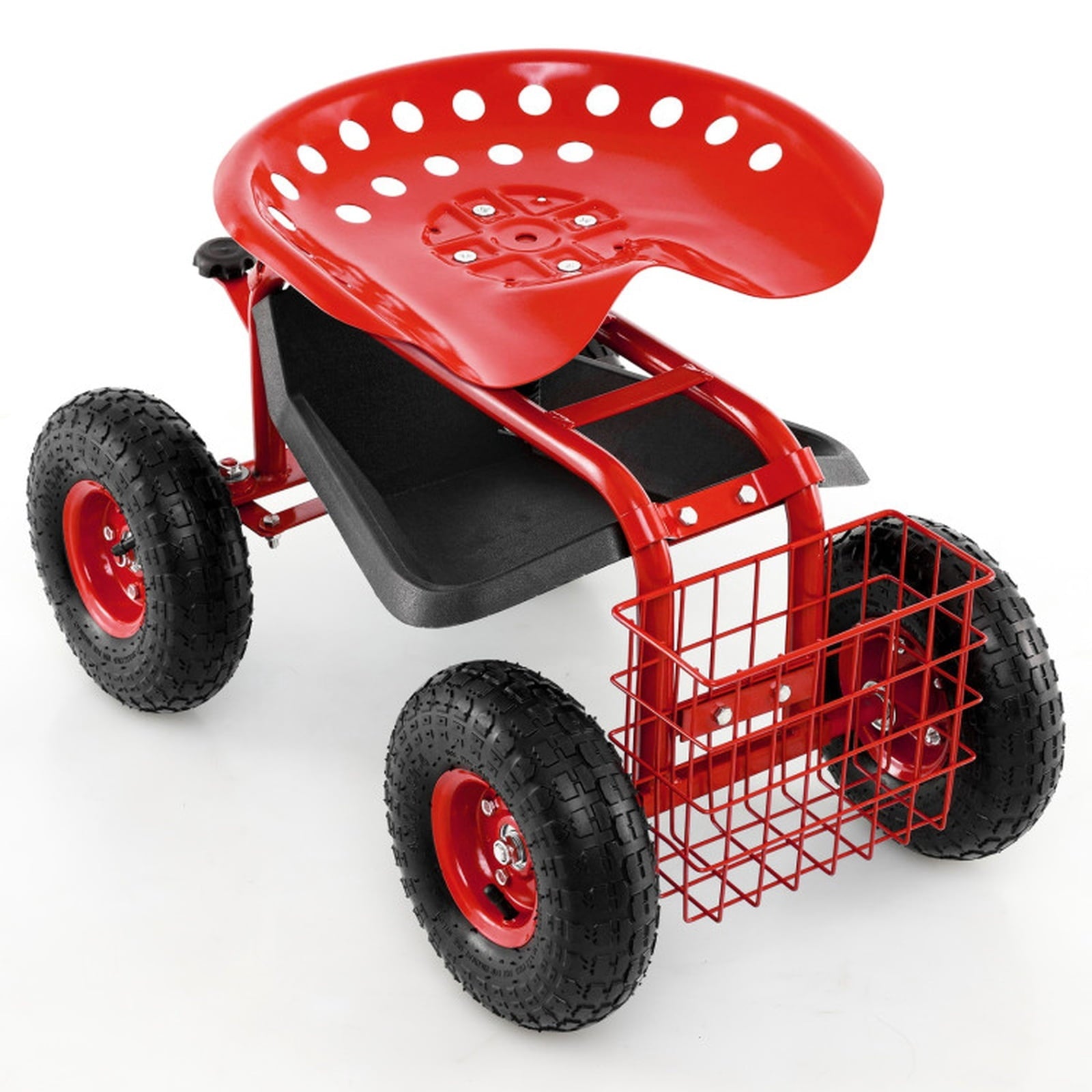 Biotree 4-Wheel Rolling Garden Cart Work Seat for Garden Yard Lawn Work Outdoor, Red