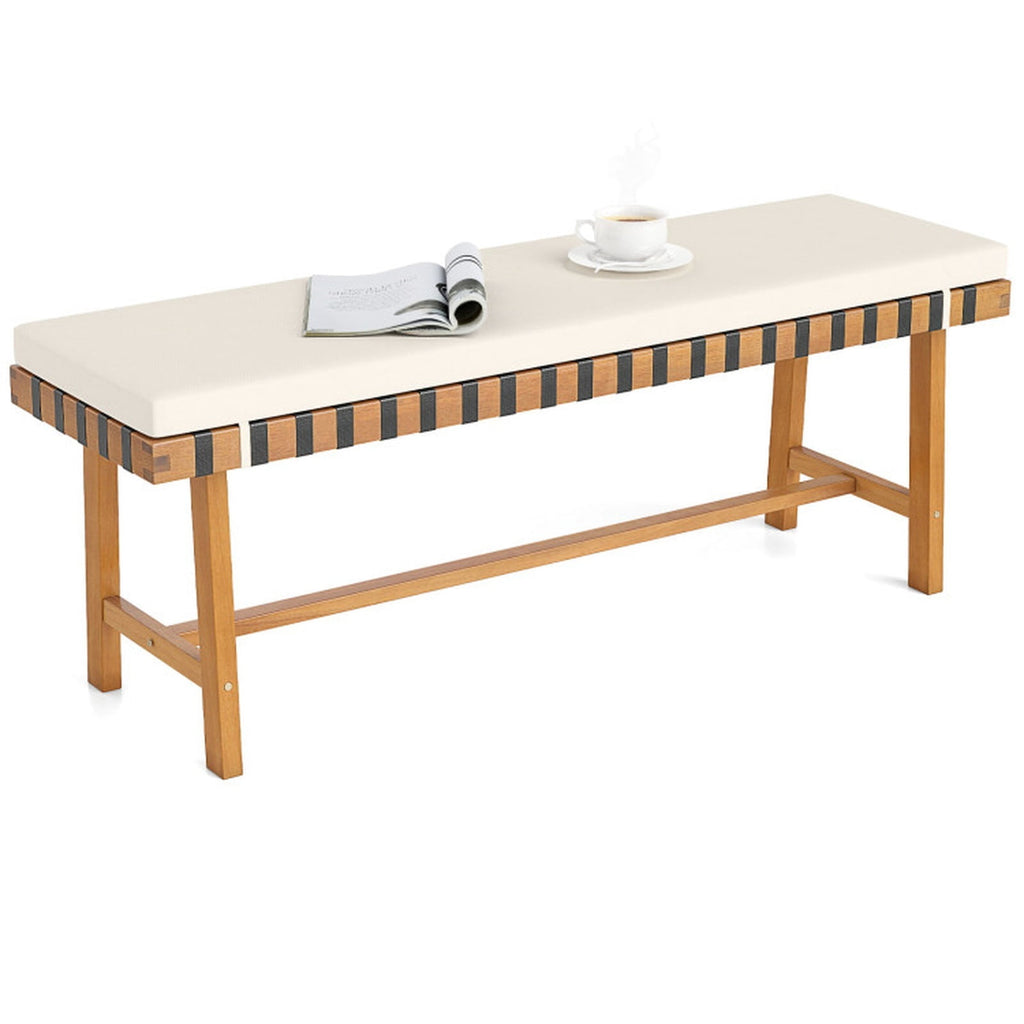 Biotree 48 Inch Acacia Wood Outdoor Bench with Thick Padded Seat Cushion Stackable Patio Chair for Garden BackyardNatural+Off White