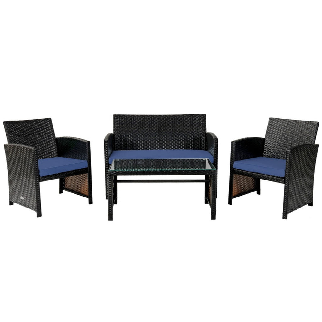 Biotree 4Pcs Patio Rattan Cushioned Furniture Set Outdoor Conversation Set for Garden Backyard PorchNavy