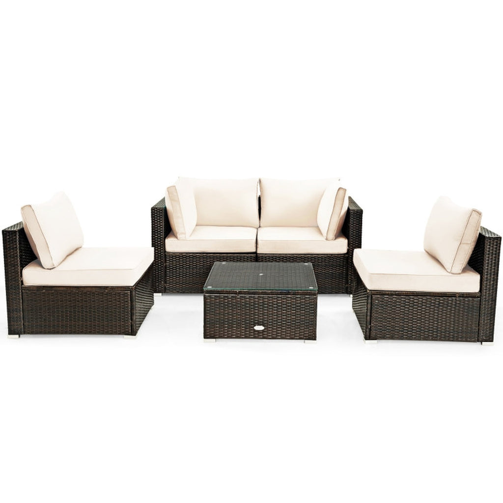Biotree 5 Pieces Cushioned Patio Rattan Furniture Set with Glass Table Outdoor Conversation Set for Garden Backyard PorchWhite