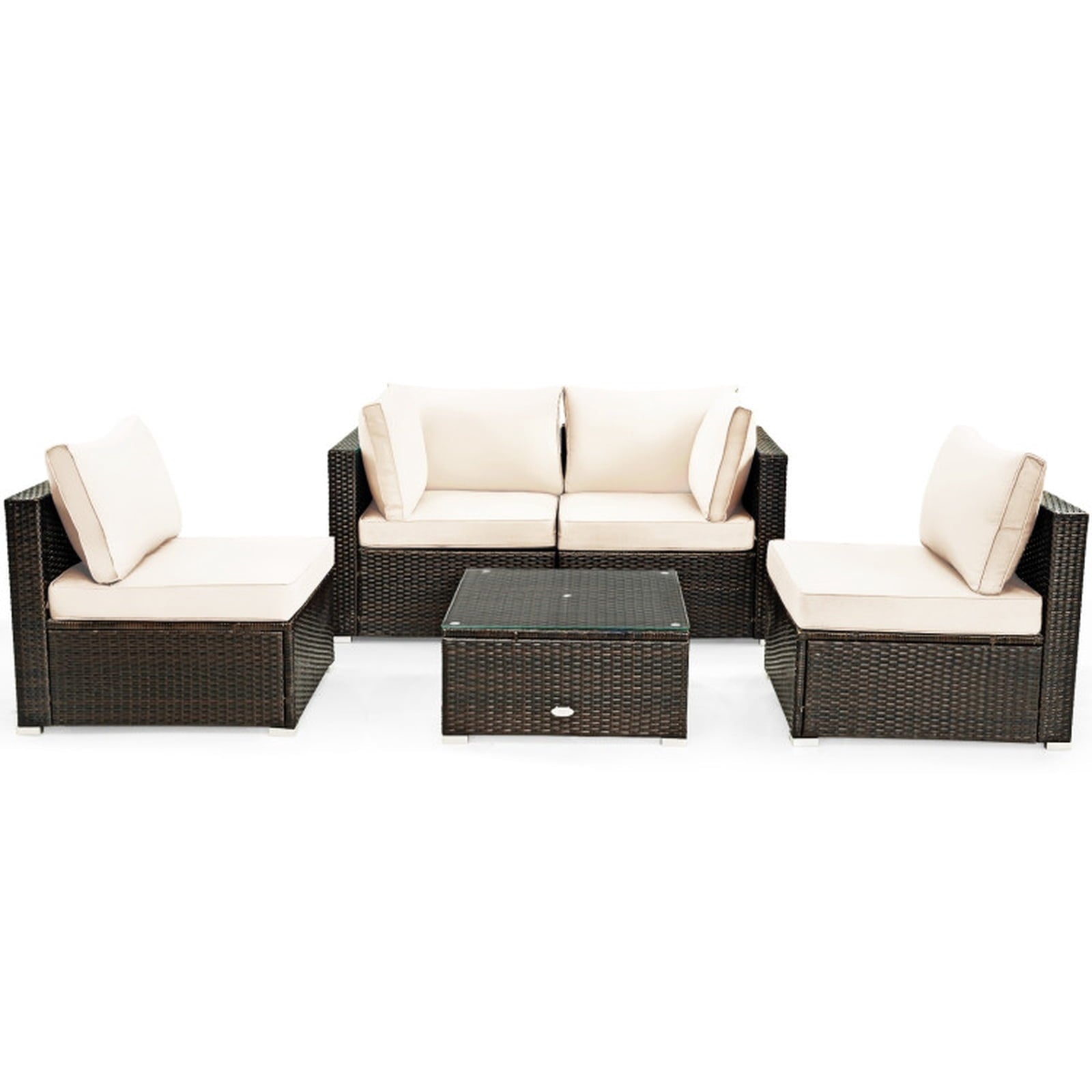 Biotree 5 Pieces Cushioned Patio Rattan Furniture Set with Glass Table Outdoor Conversation Set for Garden Backyard PorchWhite