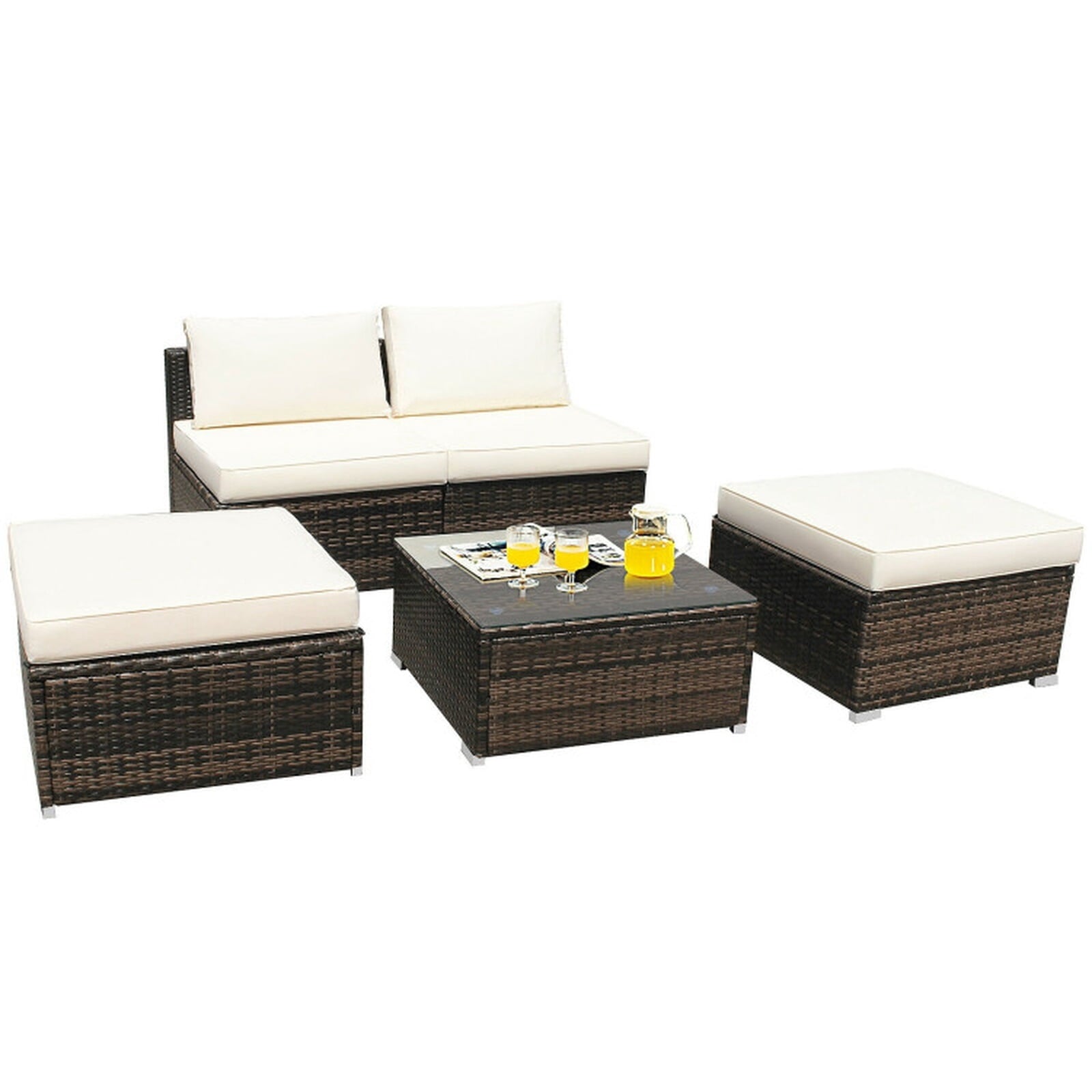 Biotree 5 Pieces Patio Rattan Furniture Set with Cushioned Armless Sofa Outdoor Conversation Set for Garden Backyard PorchWhite