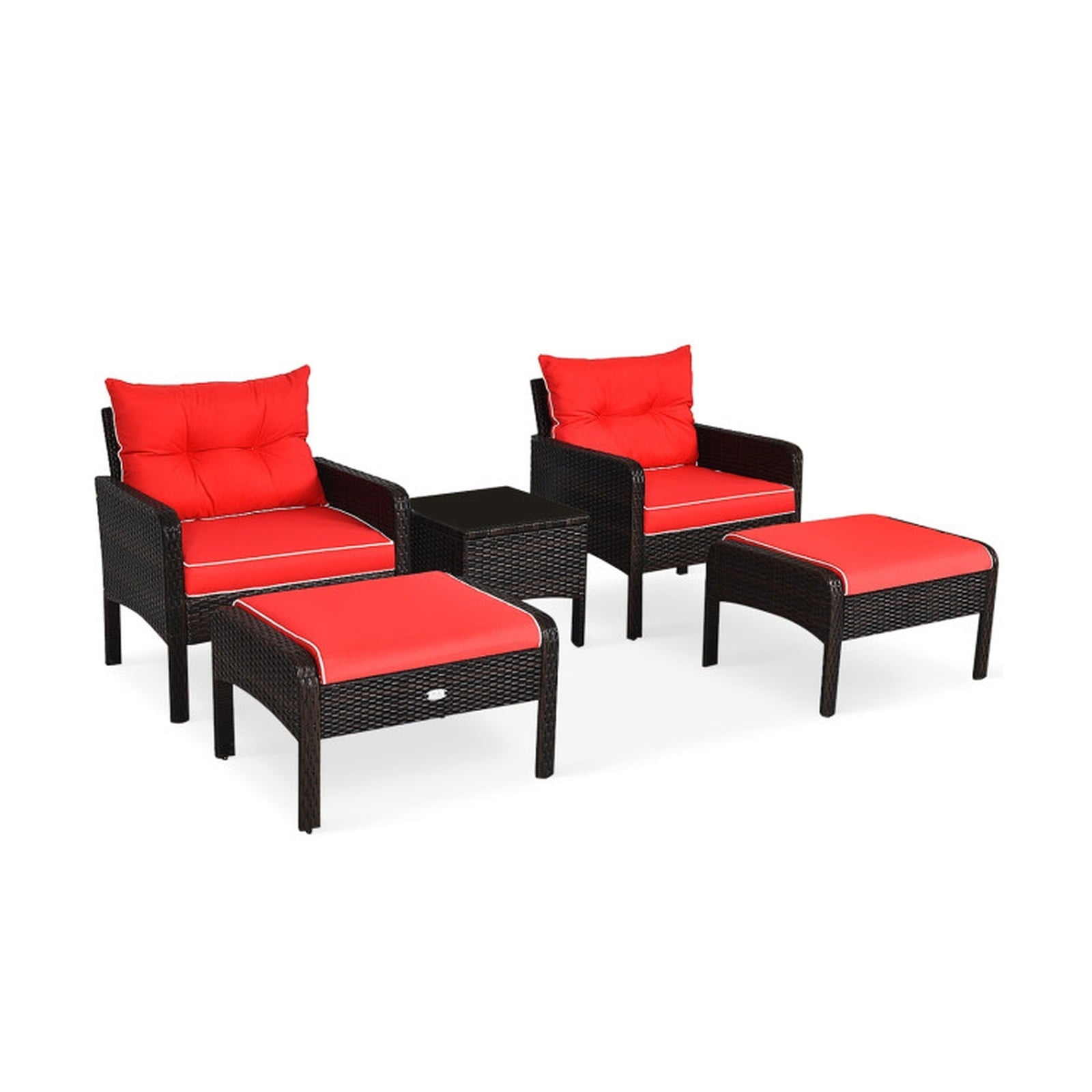 Biotree 5 Pieces Patio Rattan Sofa Ottoman Furniture Set with Cushions Outdoor Conversation Set for Garden Backyard PorchRed