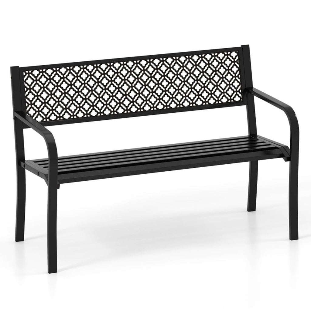 Biotree 50 Inches Outdoor Garden Bench with Geometric Lattice Backrest and Slatted Seat Stackable Patio Chair for Garden BackyardBlack