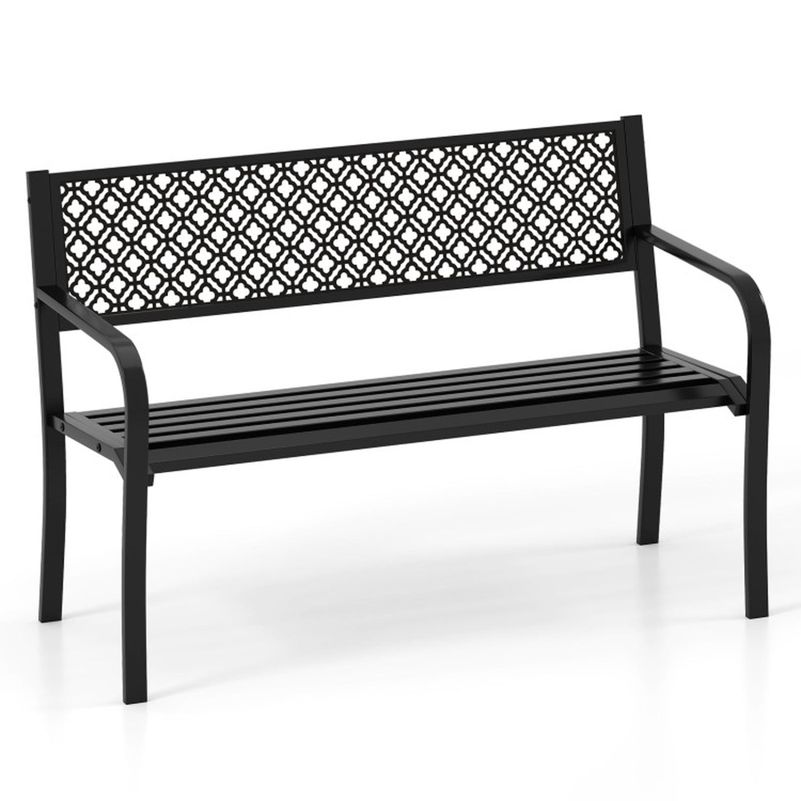 Biotree 50 Inches Outdoor Garden Bench with Geometric Lattice Backrest and Slatted Seat Stackable Patio Chair for Garden BackyardBlack
