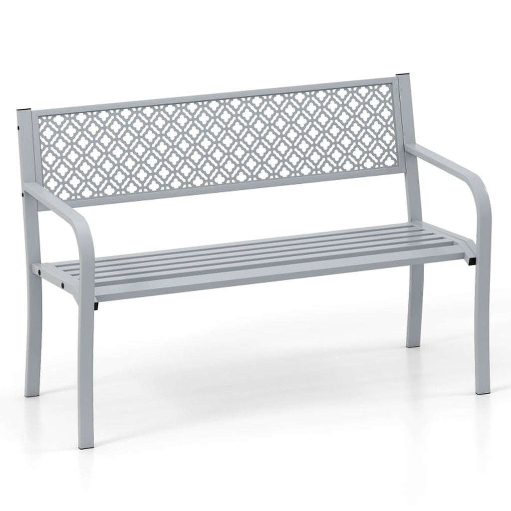 Biotree 50 Inches Outdoor Garden Bench with Geometric Lattice Backrest and Slatted Seat Stackable Patio Chair for Garden BackyardGray