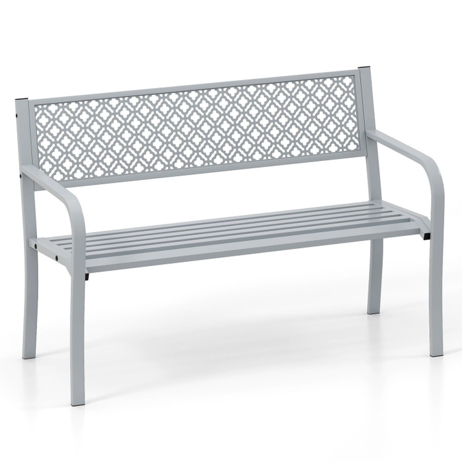 Biotree 50 Inches Outdoor Garden Bench with Geometric Lattice Backrest and Slatted Seat Stackable Patio Chair for Garden BackyardGray