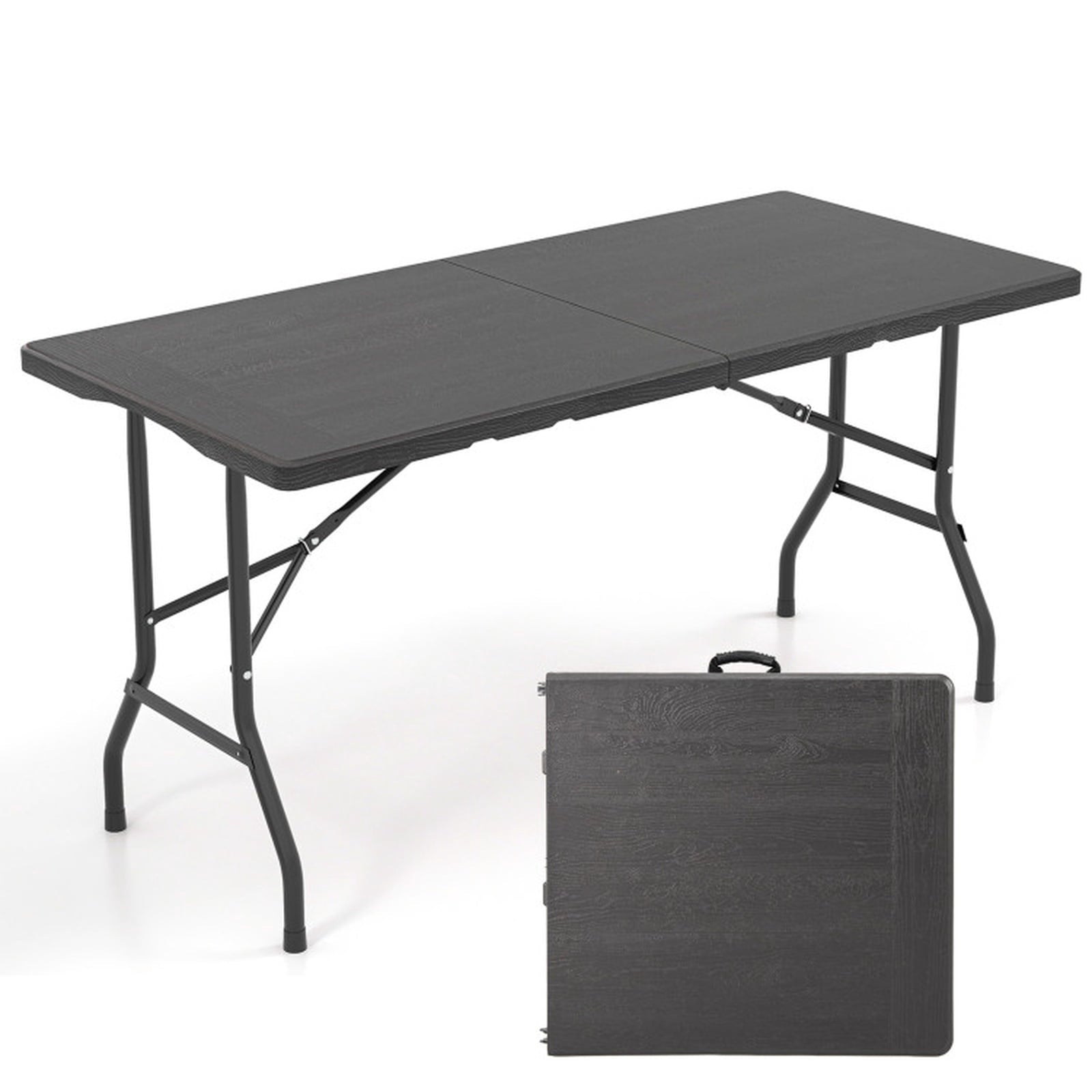 Biotree 5FT Folding Picnic Table with Wood Grain HDPE Tabletop and Non-slip Foot Pads, Black