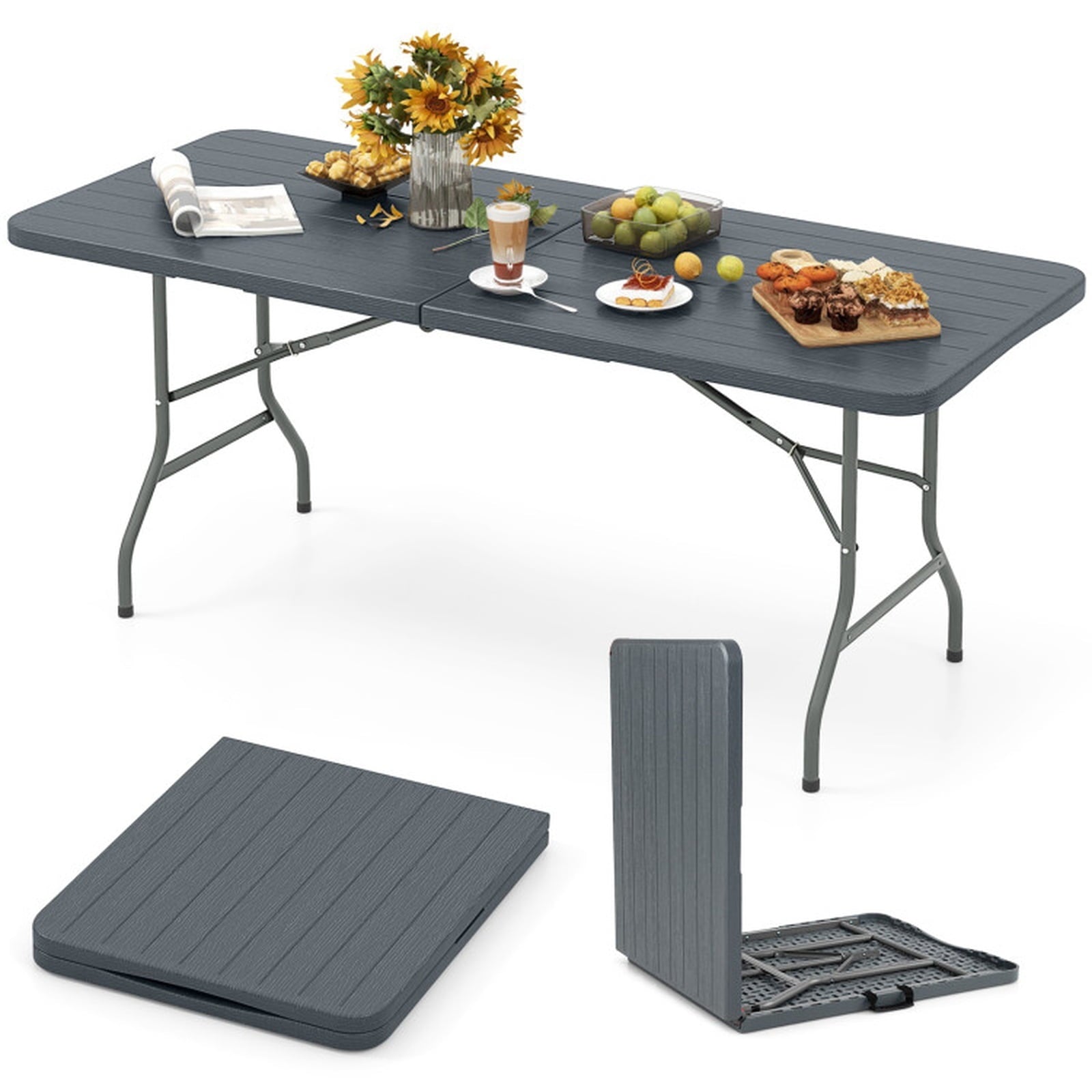 Biotree 6 Feet Folding Table with Wood Grain HDPE Tabletop and Safe Lock Mechanism, Gray