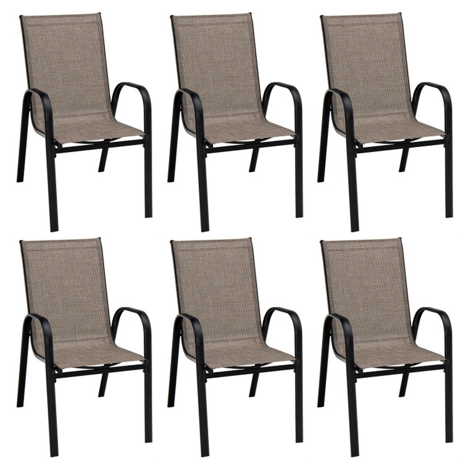 Biotree 6 Pieces Patio Stackable Dining Chairs with Curved Armrests and Breathable Fabric Stackable Patio Chair for Garden BackyardBrown