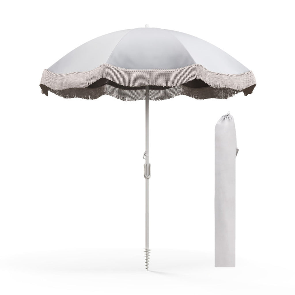 Biotree 6 ft Beach Tassel Fringe Patio Umbrella Crank Tilt Outdoor Shade - White - UV Protection with Cross Base