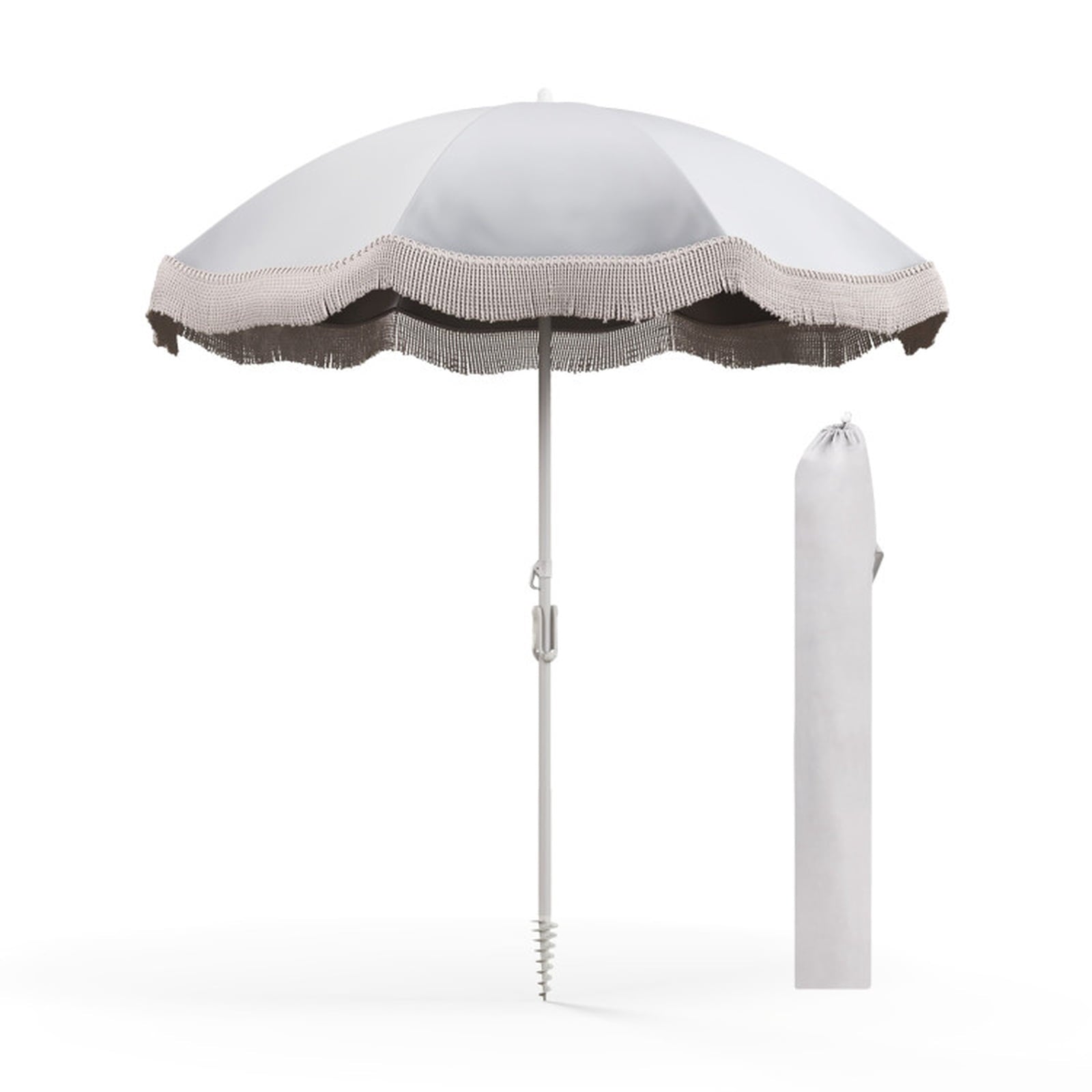 Biotree 6 ft Beach Tassel Fringe Patio Umbrella Crank Tilt Outdoor Shade - White - UV Protection with Cross Base