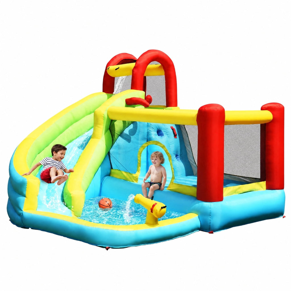 Biotree 6-in-1 Inflatable Bounce House with Water Slide, Climbing Wall, Splash Pool and Basketball Hoop for Backyard, Multicolor