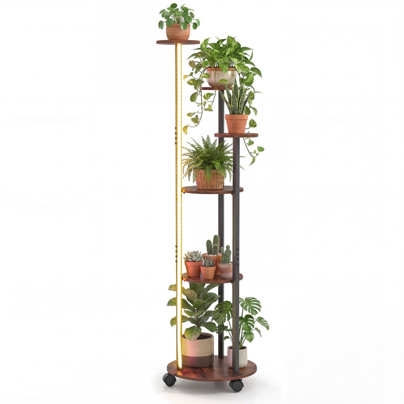 Biotree 6-tier Plant Stand with RGB Light and Wheels 57inch Tall Indoor Display Shelf Flowerpot Holder for Indoor Outdoor Patio Balcony Garden, Rustic Brown
