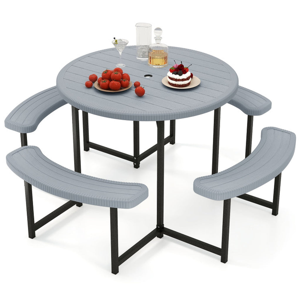 Biotree 62-Inch Round Picnic Table Bench Set with 4 Benches and Umbrella Hole for Patio Lawn, Gray
