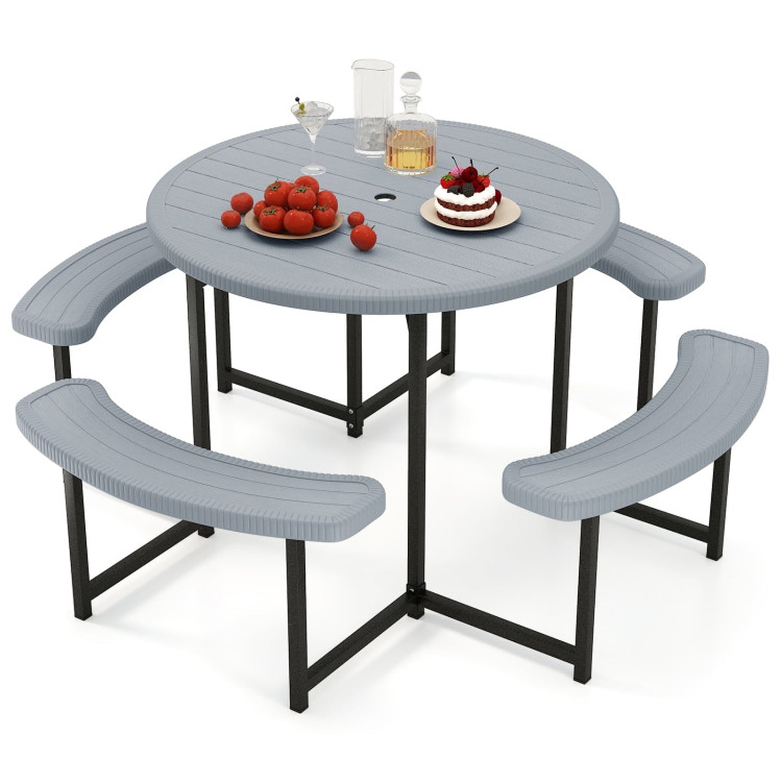 Biotree 62-Inch Round Picnic Table Bench Set with 4 Benches and Umbrella Hole for Patio Lawn, Gray