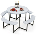 Biotree 62-Inch Round Picnic Table Bench Set with 4 Benches and Umbrella Hole for Patio Lawn, White