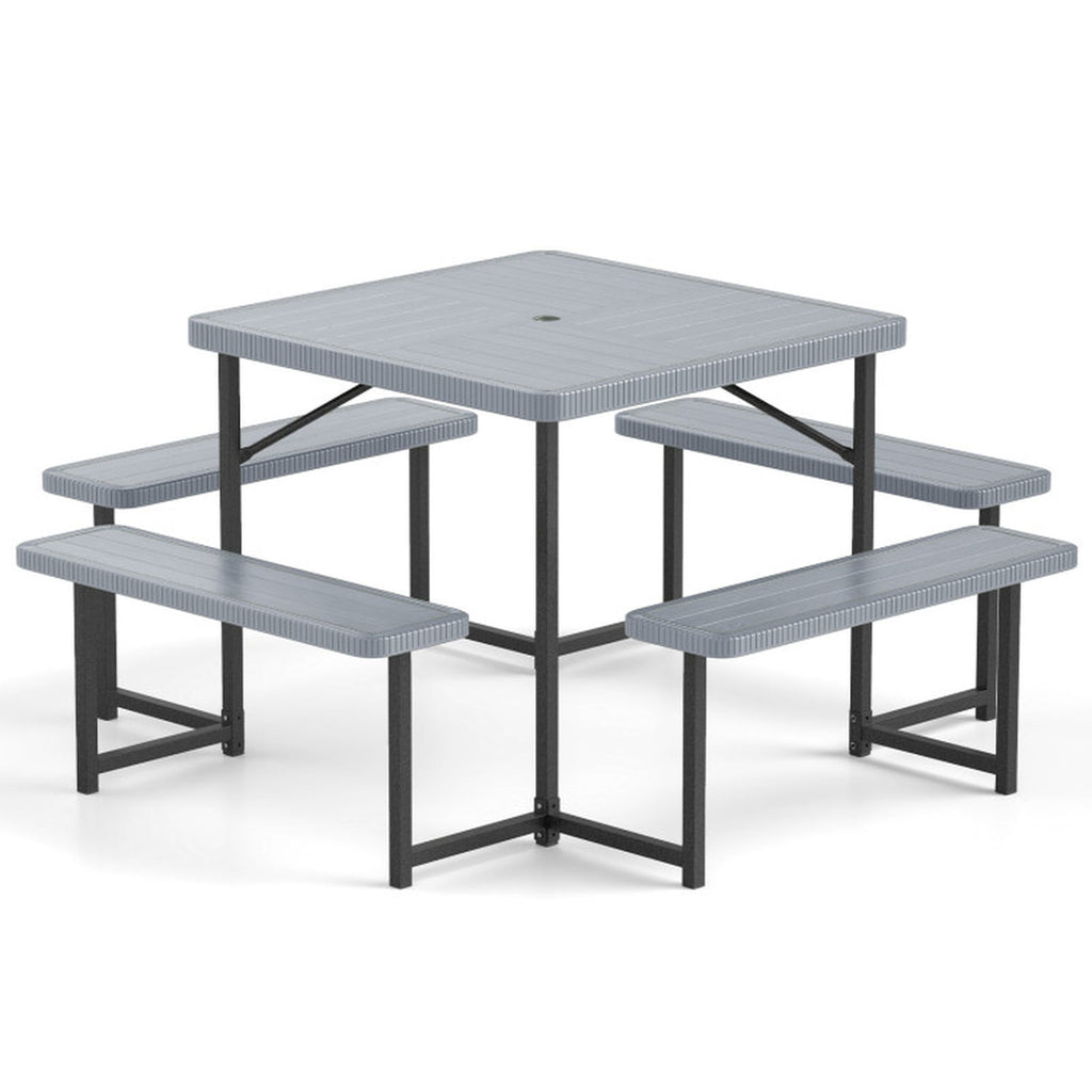 Biotree 63-Inch Outdoor Square Picnic Table Bench Set for 4-8 People with Umbrella Hole, Gray