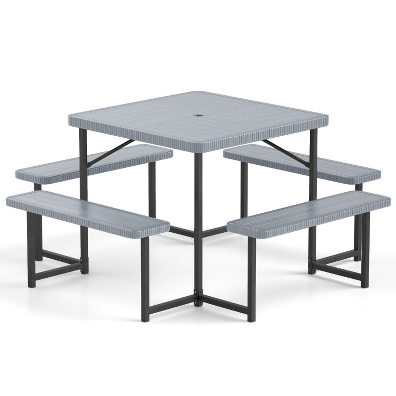Biotree 63-Inch Outdoor Square Picnic Table Bench Set for 4-8 People with Umbrella Hole, Gray