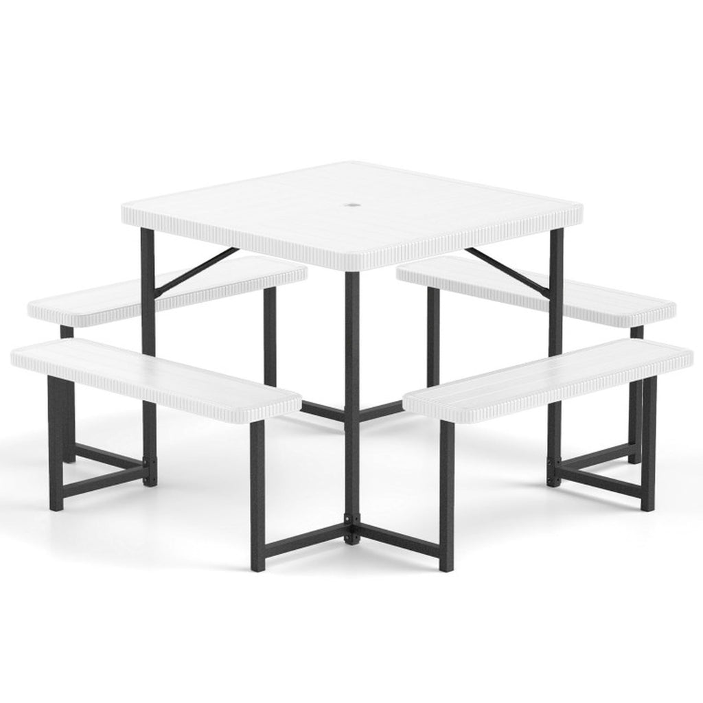 Biotree 63-Inch Outdoor Square Picnic Table Bench Set for 4-8 People with Umbrella Hole, White